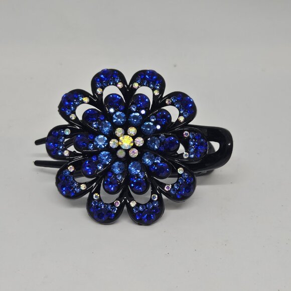Crystal Flower Claw Hair Clip - Dark Blue - 137 crystals - Picture 4 of 12